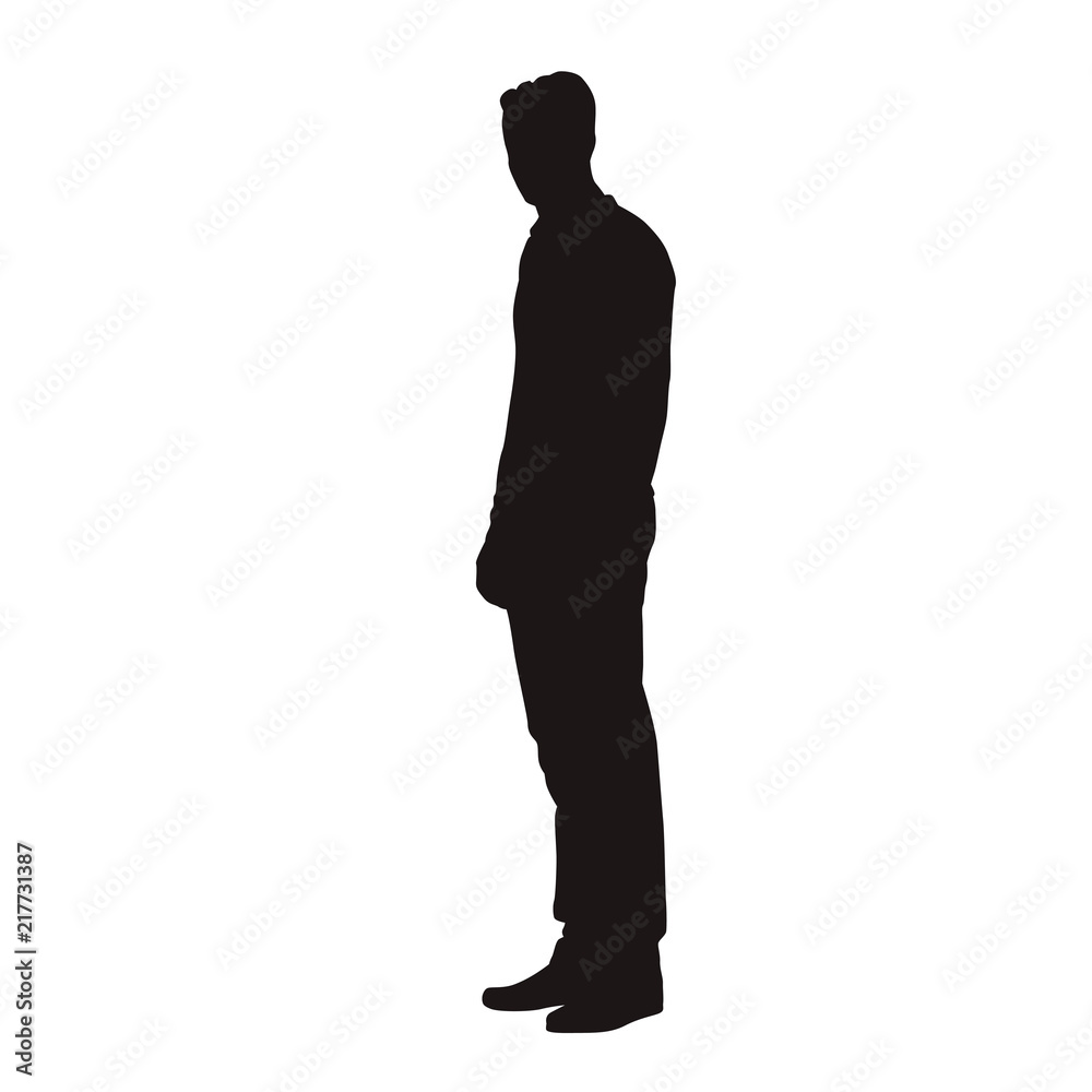 Man in jumper standing, isolated vector silhouette. Side view, people with slim body