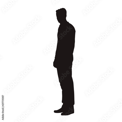 Man in jumper standing, isolated vector silhouette. Side view, people with slim body