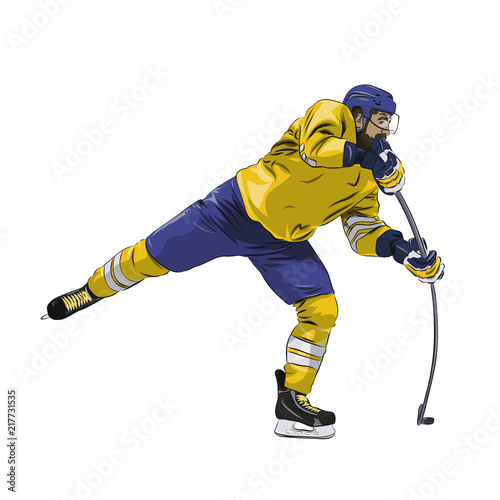 Offensive ice hockey player shooting puck, isolated vector illustration. Winter team sport. Yellow jersey