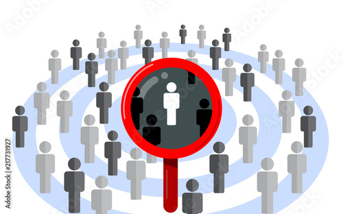 Target audience, find the right person. Magnifying glass and dartboard design vector concept isolated on white background.