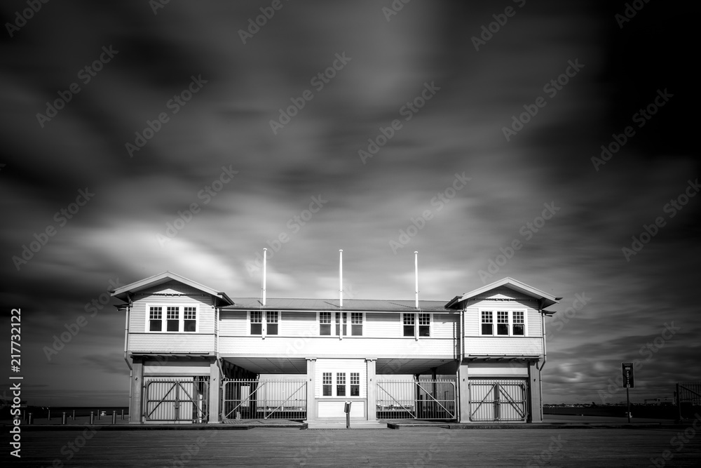 Old Pier and Buildings in Melbourne, Black and White Long Exposure