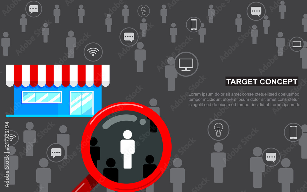 Obraz premium Target audience, focus customer. Magnifying glass, store flat design, icon vector. Business consumer marketing concept.