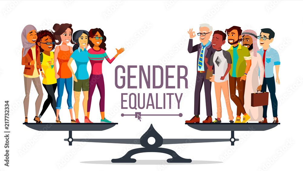 Gender Equality Vector. Woman, Male, Female On Scales. Equal Opportunity. Isolated Flat Cartoon Illustration Stock Vector | Adobe Stock