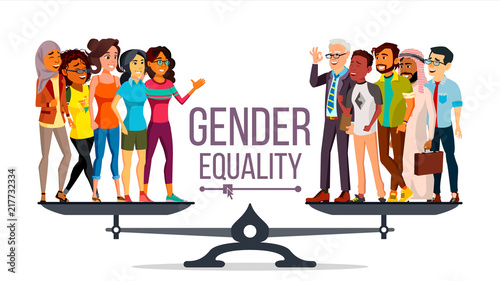 Gender Equality Vector. Man, Woman, Male, Female On Scales. Equal Opportunity. Isolated Flat Cartoon Illustration