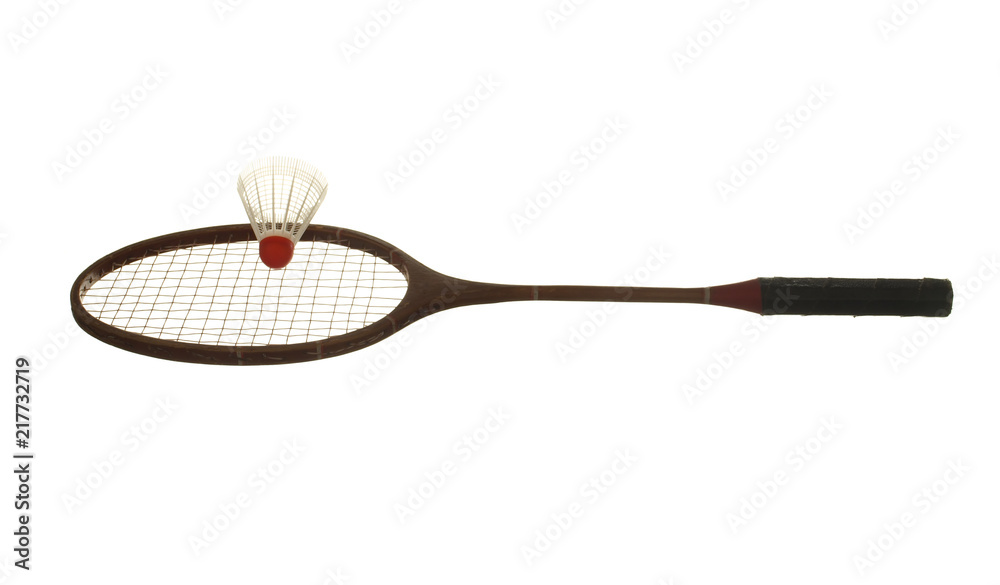 Old wooden badminton racket and shuttlecock isolated on white background.  Stock Photo | Adobe Stock