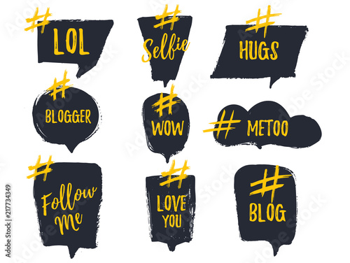 Set of bubble banners with hashtags. trendy design for young slang words. Vector illustration