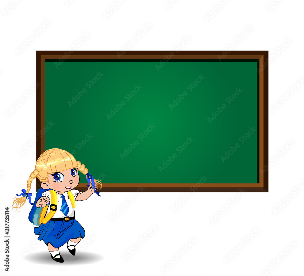 cute school girl near blackboard with empty copy space clip art