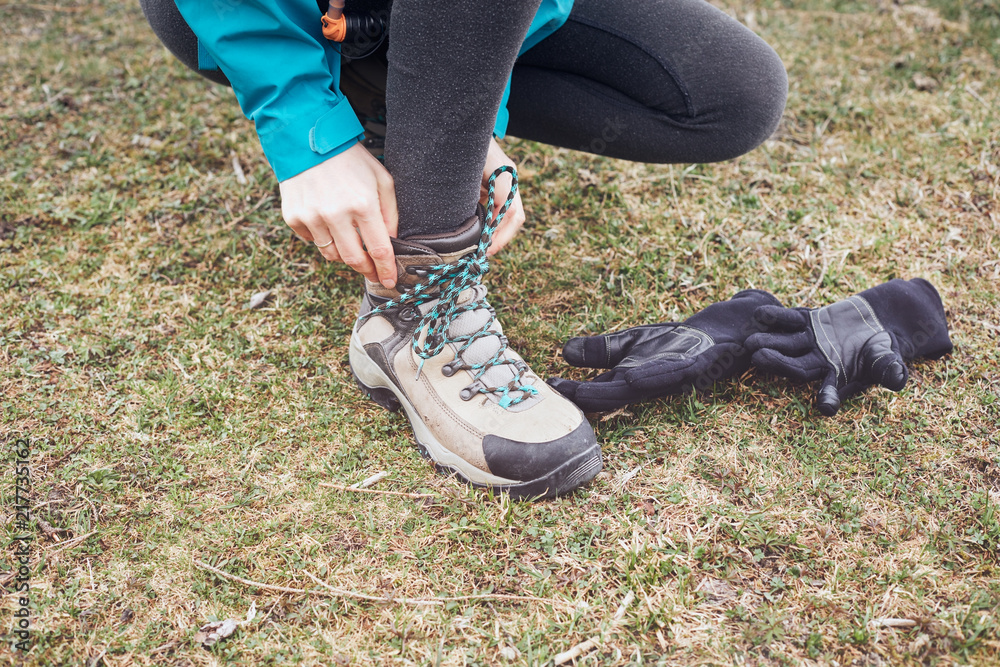 Lacing up hiking boots