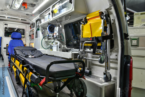 Emergency equipment and devices, Ambulance interior details. photo