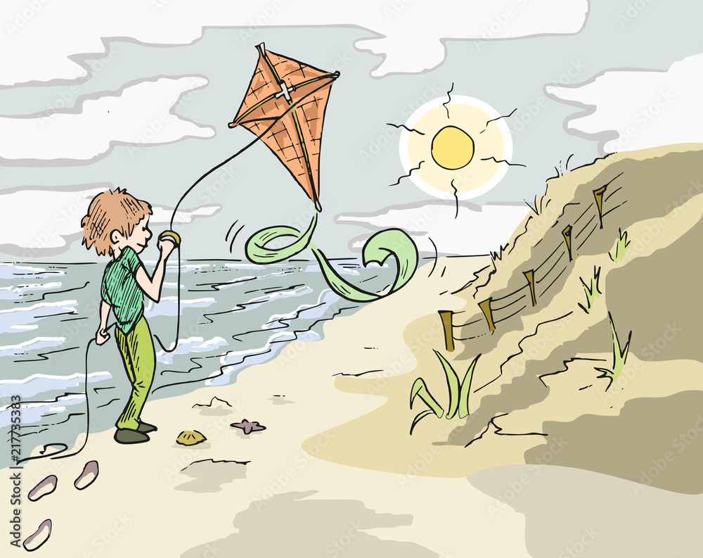 Met de vlieger op het strand buiten spelen in de frisse lucht