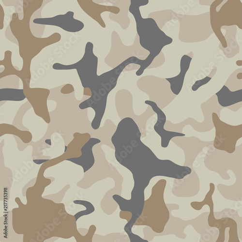 Camouflage pattern background, seamless vector illustration. Classic military clothing style. Masking camo repeat print. Beige, brown, ocher colors desert texture. 