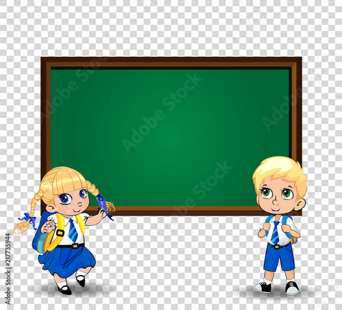 girl and boy schoolkids, pupils in uniform standing near blackboard with copy space