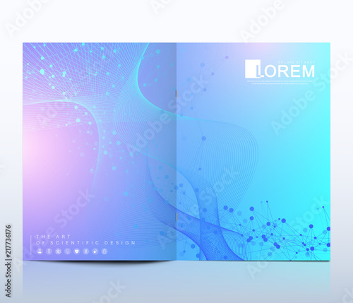 Modern vector template for brochure, leaflet, flyer, cover, catalog in A4 size. DNA helix, DNA strand, molecule or atom, neurons. Abstract structure for Science or medical background.