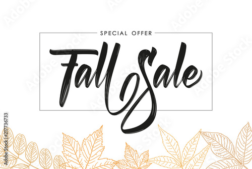 Handwritten brush type lettering of Fall Sale in frame on foliage background. Discount special offer