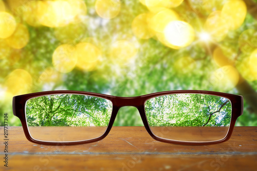 Brille auf Holztisch mit Wald im Hintergrund