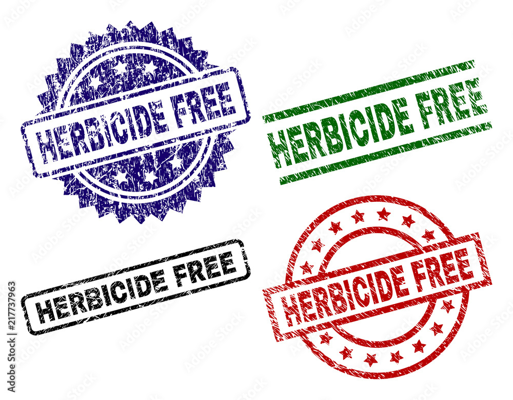 HERBICIDE FREE seal prints with damaged style. Black, green,red,blue vector rubber prints of HERBICIDE FREE title with unclean surface. Rubber seals with round, rectangle, rosette shapes. HERBICIDE FREE seal prints with damaged style. Black, green,red,blue vector rubber prints of HERBICIDE FREE title with unclean surface. Rubber seals with round, rectangle, rosette shapes.