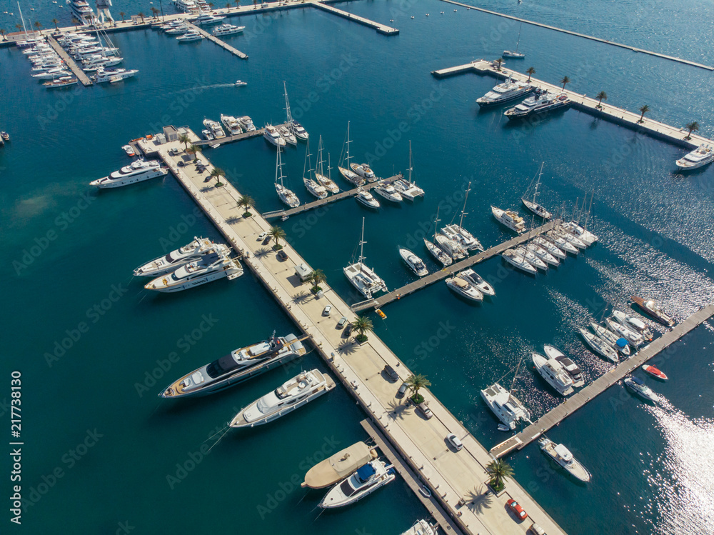 aerial view of yachts in city docks of montenegro