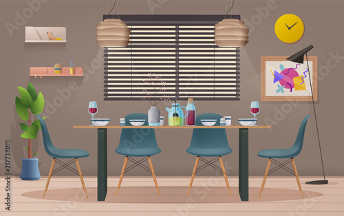 Dinning room interior with furniture. Cartoon vector illustration