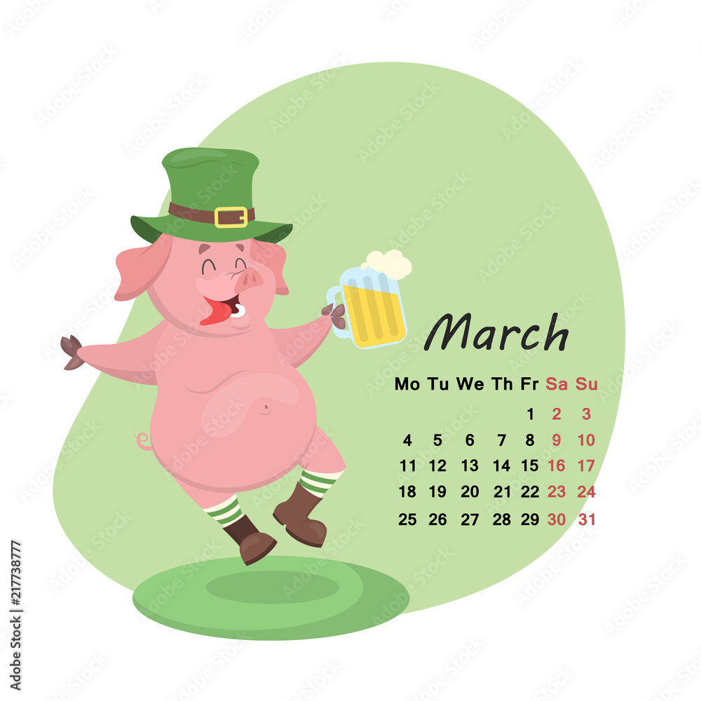 Naklejka premium Pig calendar for March 2019