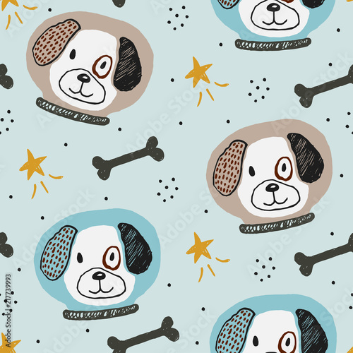 Space dog hand drawn childish illustration. Nursery pattern for textile or fabric.