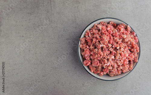 Natural raw ingredients for pet food on grey background.