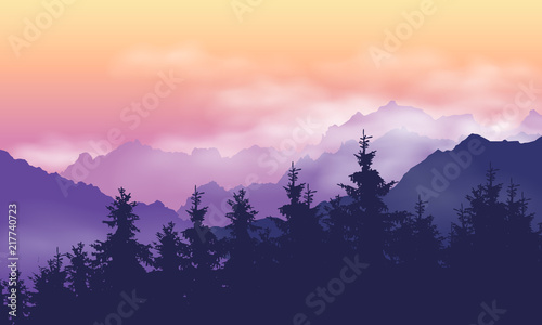 Mountain landscape with forest, clouds and fog between hills, under purple yellow sky with dawn