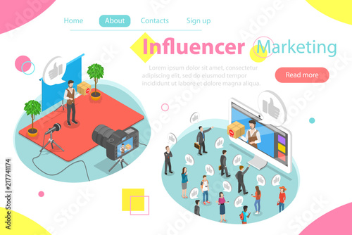 Influencer marketing flat isometric vector concept. Video blogger is representing a new product for its audience throw video post on its page.