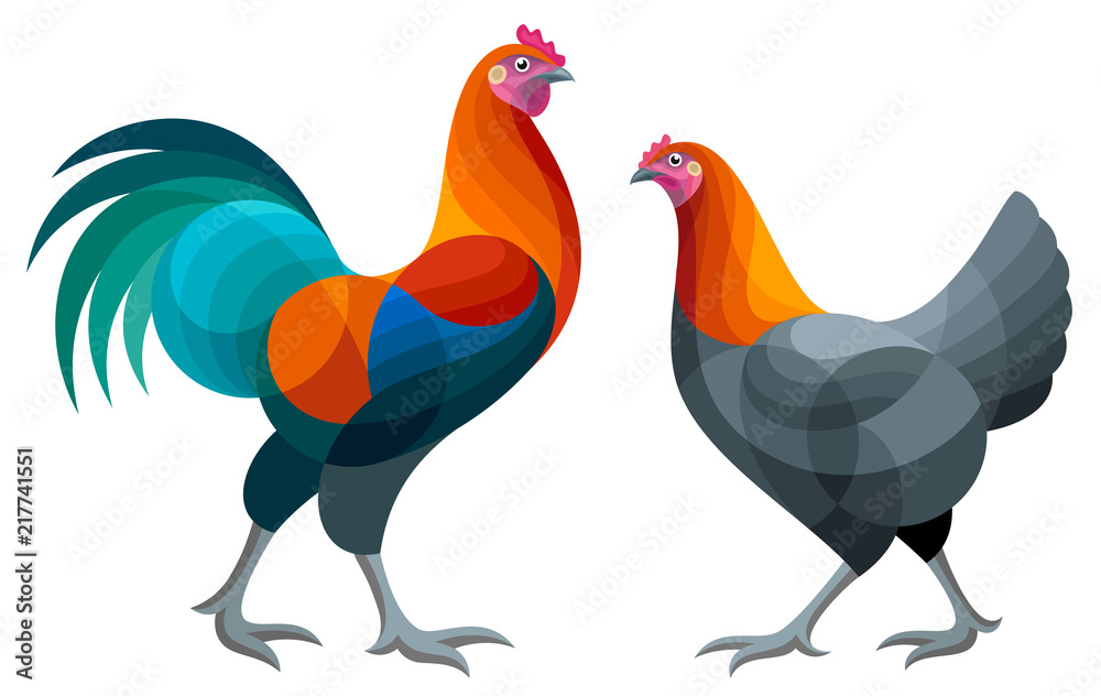 Stylized Chickens - Brugse Vechter Rooster and Hen Stylized Chickens - Brugse Vechter Rooster and Hen
