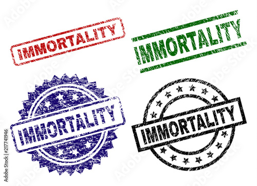 IMMORTALITY seal prints with damaged style. Black, green,red,blue vector rubber prints of IMMORTALITY text with scratched style. Rubber seals with round, rectangle, medal shapes.