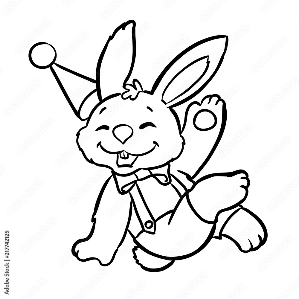 Fototapeta Happy rabbit in the cap. Vector illustration isolated on a white background. Outlined for coloring book.