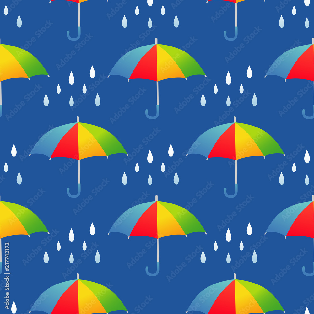 Fototapeta premium Seamless pattern with cartoon colorful umbrellas and rain cloud.