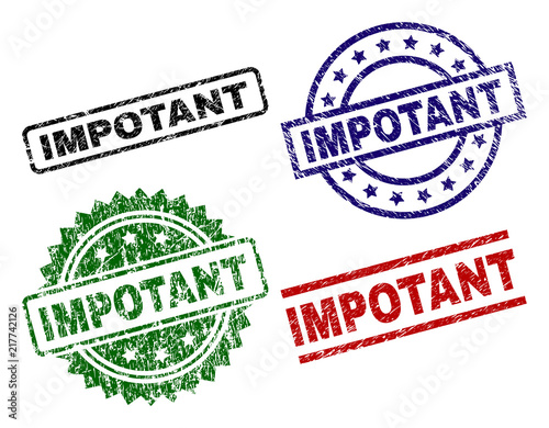 IMPOTANT seal prints with distress style. Black, green,red,blue vector rubber prints of IMPOTANT title with scratched style. Rubber seals with circle, rectangle, medal shapes.