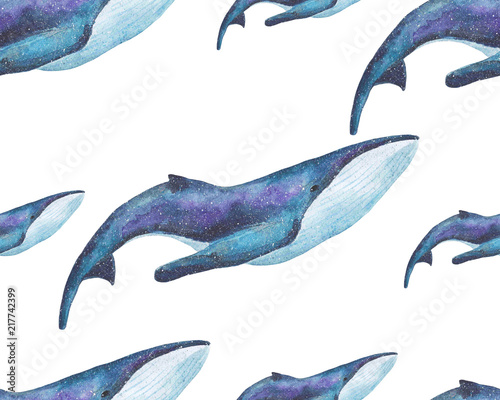 Watercolor space magic whales seamless pattern