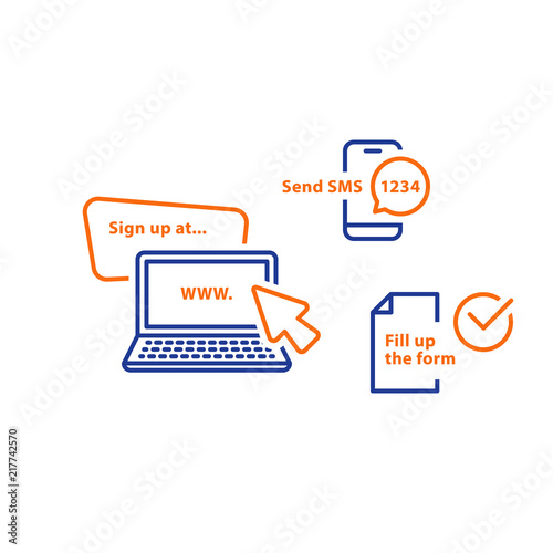 Receive sms notification, laptop with cursor, send phone message, submit document, line icons