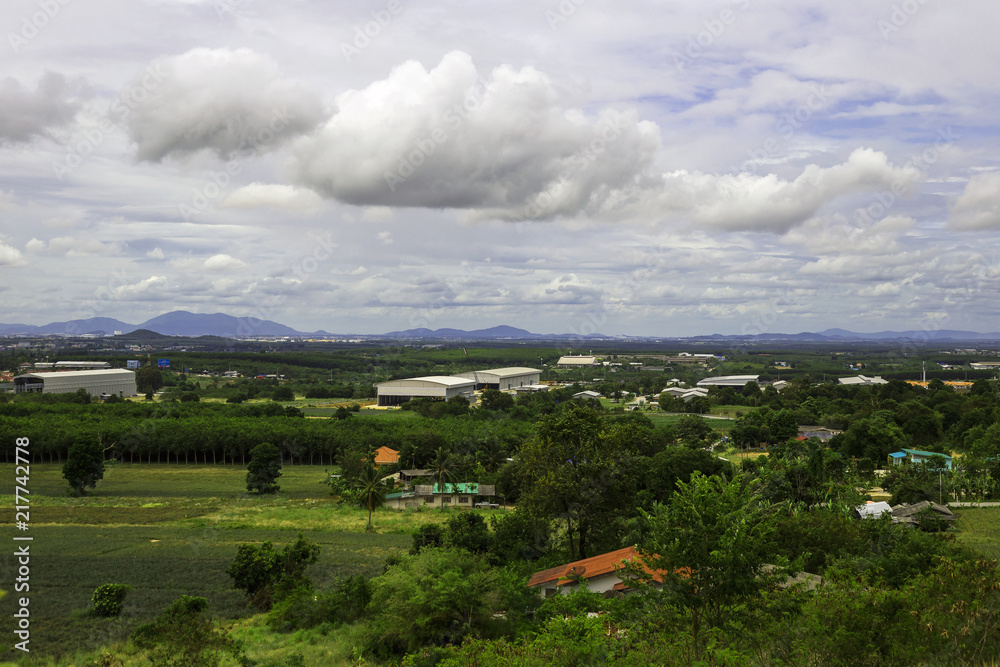 Landscape of estate houde and factory in countryside of rayong Thailand.