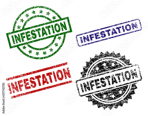 INFESTATION seal prints with distress surface. Black, green,red,blue vector rubber prints of INFESTATION caption with dirty surface. Rubber seals with round, rectangle, medal shapes.