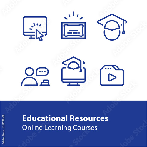 Online education concept line icons, internet learning courses, distant studying
