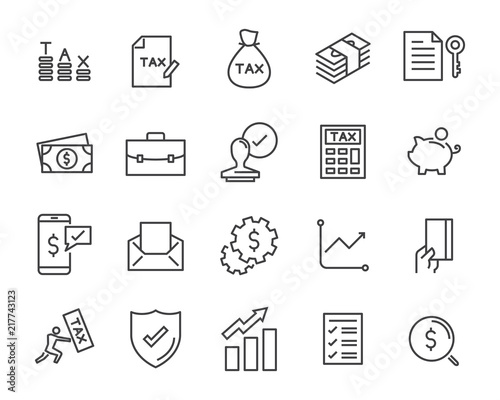set of tax vector line icons, such as mail, payment, money, legal and more