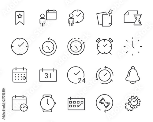 set of time relation vector line icon, such as calendar, reminder, day, year, event
