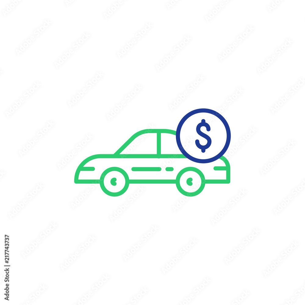 Car line icon and dollar coin, transport payment, rent car