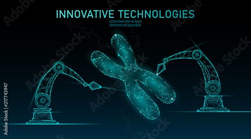 Chromosome DNA structure medicine concept. Low poly polygonal triangle gene therapy cure genetic disease. GMO engineering CRISPR Cas9 innovation modern technology science banner vector illustration photo