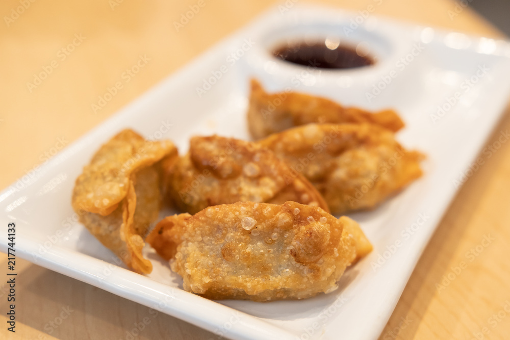 Gyoza in dish.