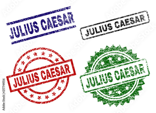 JULIUS CAESAR seal prints with corroded style. Black, green,red,blue vector rubber prints of JULIUS CAESAR caption with dust style. Rubber seals with circle, rectangle, medal shapes.