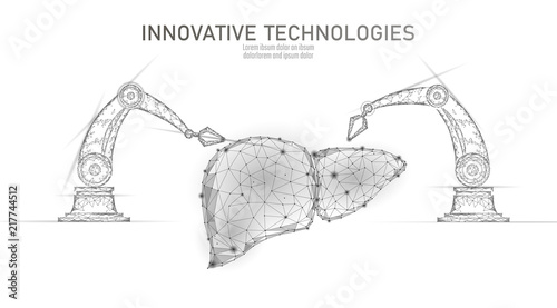 Robotic liver surgery low poly. Polygonal hepatitis surgery procedure. Robot arm manipulator. Modern innovative medicine science automation technology. Triangle 3D render shape vector illustration