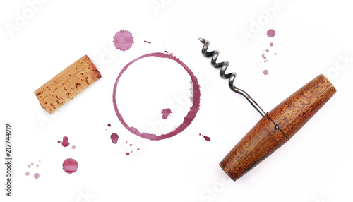 Billede på lærred Red wine cork, opener and stain rings isolated
