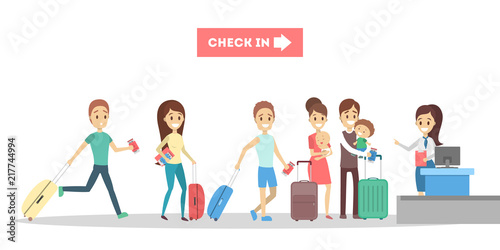 People standing at the airport check-in desk.