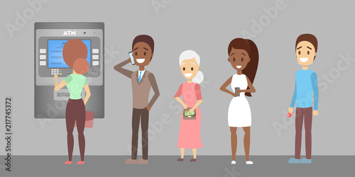 People standing in line at ATM