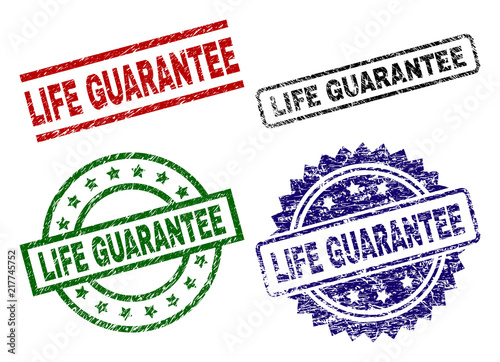 LIFE GUARANTEE seal imprints with corroded style. Black, green,red,blue vector rubber prints of LIFE GUARANTEE tag with retro style. Rubber seals with circle, rectangle, rosette shapes.