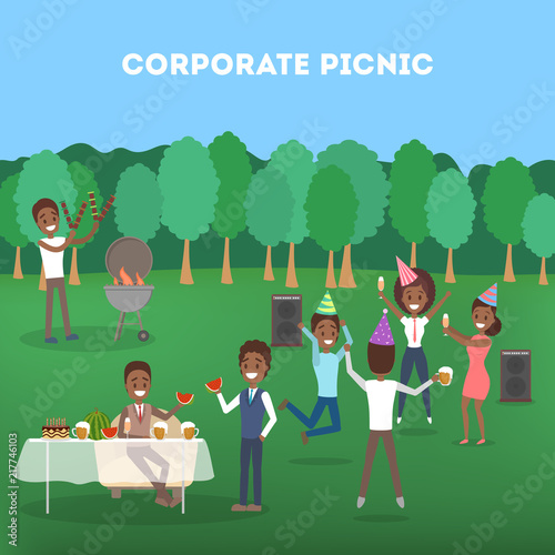 Office workers at the corporate bbq party