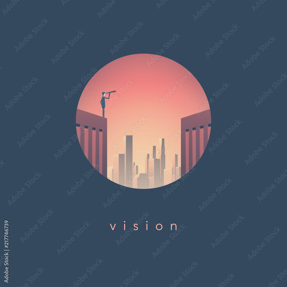 Business vision vector concept with businessman standing on skyscraper with corporate skyline in background. Symbol of future, leadership, mission, objectives, success.